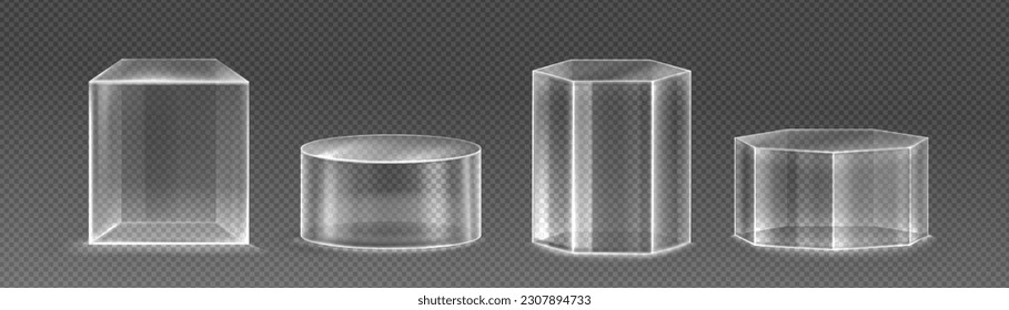 Realistic set of 3D transparent platforms isolated on background. Vector illustration of cube, cylinder, hexagon pedestal mockups, stands for cosmetic product presentation or award, empty containers