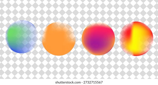 Conjunto realista de puntos de gradiente abstractos aislados sobre fondo transparente. Ilustración vectorial de puntos de color del arco iris, efecto de refracción de luz, círculos borrosos holográficos. 