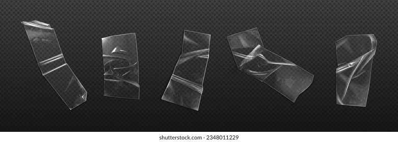 Realistic set of adhesive plastic tape isolated on transparent background. Vector illustration of crumpled sticky strip for packaging, fixing of damage, wrinkled cellophane strips, glued patches