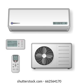 Realistic set of air conditioner with cooling and ventilation equipment isolated on white. Air conditioner vector illustration mock up.