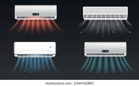 Realistic set of air conditioners blowing cold and hot air isolated on black background vector illustration