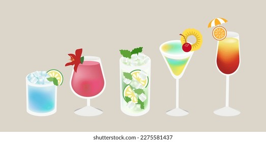 Realistic set with alcoholic cocktails. An illustration of classical drinks in different types of glasses.