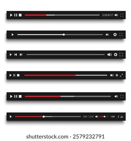 Realistic set Audio or Video player progress loading bars with time slider, play and pause. Stock vector