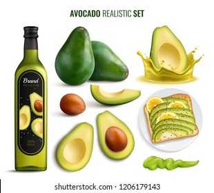 Realistic set with avocado fruit oil sandwich and guacamole icons isolated on white background vector illustration