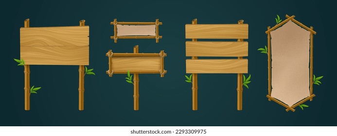 Realistic set of bamboo wood and paper boards isolated on black background. Vector illustration of square and rectangular signboard templates with blank surface for game ui design. Parchment menu