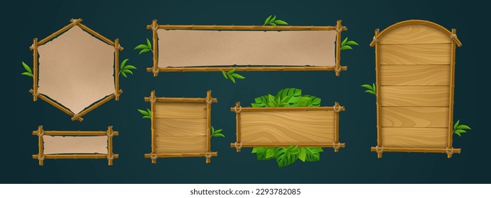 Realistic set of bamboo wood and paper signboards with tropical green leaves isolated on black background. Vector illustration of announcement, menu, map, information board templates for game ui