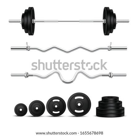 Realistic set of barbells and dumbbells of different size and shape isolated on white background vector illustration