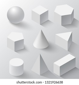Realistic Set of basic 3d shapes. White cube, cylinder, sphere and cone on a white background. Realistic white geometric shapes set with shadows, half-shadows, reflex. Isometric white geometric shapes