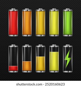 Conjunto realista de indicadores de Recargo de batería. Varios iconos de indicador de acumulador de energía de nivel.