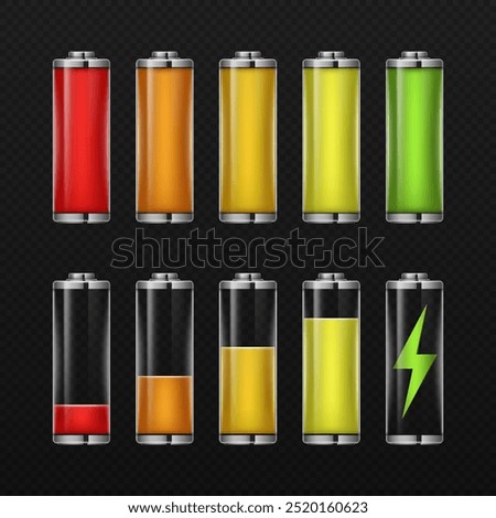Realistic set of battery charge indicators. Various level energy accumulator indicator icons.