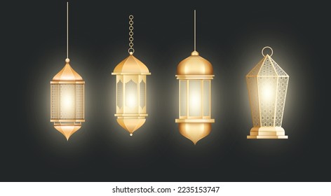 Realistic set of beautiful muslim ornamental lamps hanging on chainlets. Gold, bronze metal oriental lanterns Fanous isolated on black background. 3d vector illustration