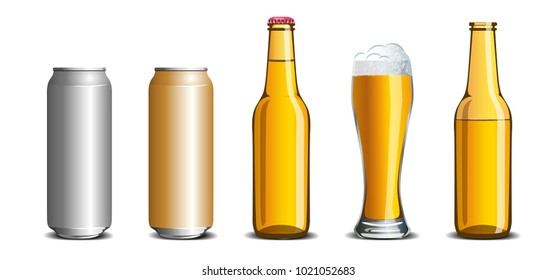 Realistic set of beer mock up, glass, bottle, aluminum can.