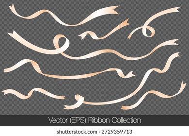 Realistic set of beige ribbons isolated on a transparent background, featuring curved ribbons in different lengths, twists, and shapes. Vector illustration for holiday decorations and graphic projects