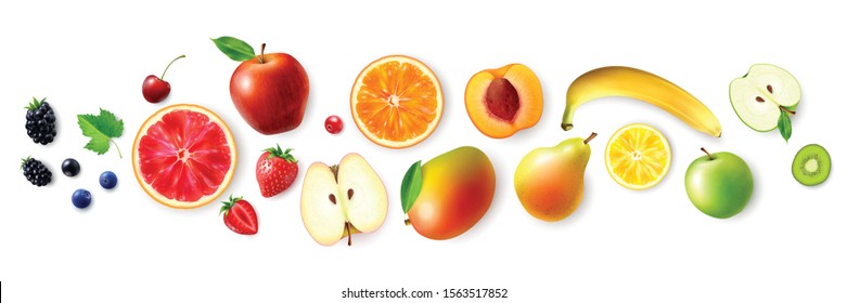 Realistic set with berries and fruits of rainbow colors isolated on white background vector illustration - Shutterstock ID 1563517852
