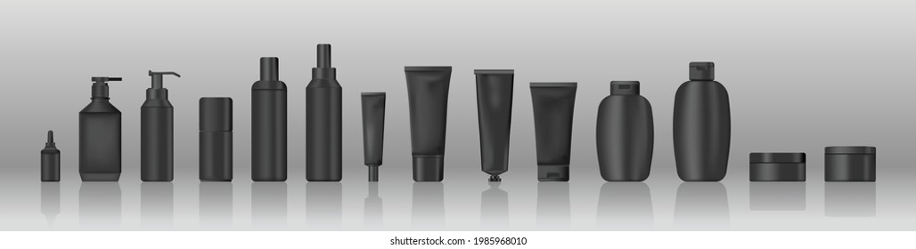 Realistic Set of Black Cosmetic and Cream Tubes. Vector Illustration and Mockup on Grey Background