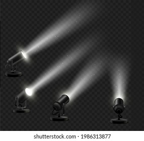 Realistic set of black floor lamps with light ray effect to decorate a showroom or showcase podium on a dark background.