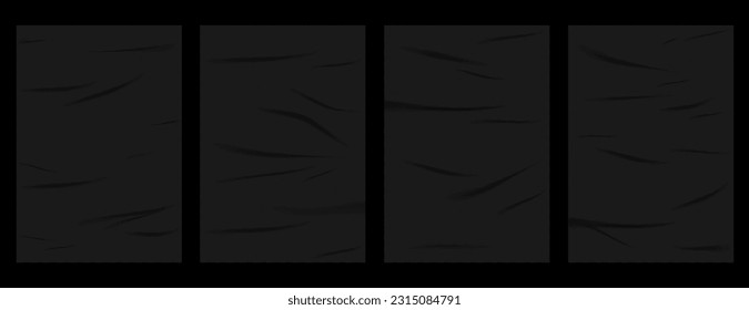 Realistic set of black glued wall posters. Glued posters, old adhesive texture mockup. Blank sheets creased effect. Blank pages with wrinkles, realistic 3d set