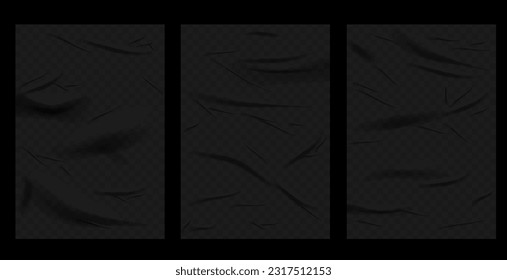 Conjunto realista de afiches de paredes pegadas a negro. Afiches con incrustaciones, maquillaje de textura adhesiva antigua. El efecto de las hojas en blanco se ha reducido. Páginas en blanco con arrugas, conjunto 3d realista