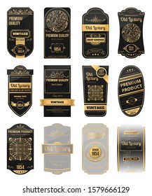 Realistic set of black and golden retro labels for packaging luxury products isolated vector illustration