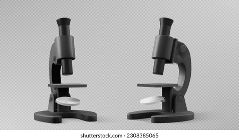 Realistic set of black lab microscopes isolated on transparent background. Vector illustration of scientific laboratory equipment for medical, chemistry, biology tests, sample analysis. Education tool