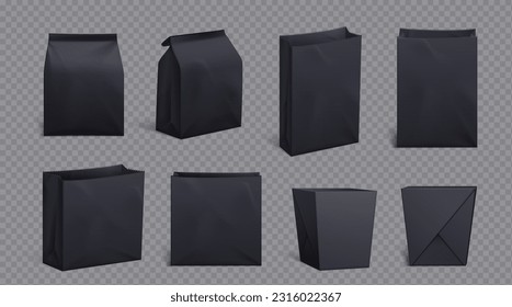 Conjunto realista de bolso de papel negro y caja aislado sobre fondo transparente. Ilustración vectorial del paquete de embarcaciones abiertas y cerradas para comida para llevar, almuerzo, empaque de aperitivos, recipiente de comida