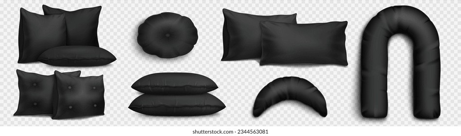 Conjunto realista de almohadas negras aisladas en un fondo transparente. Ilustración vectorial de las mockups cuadradas, redondas, rectangulares, de cuello, de cojín de embarazo para decoración interior de casa, accesorio de sueño saludable