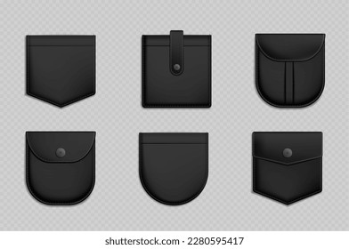 Realistic set of black pocket templates isolated on transparent background. Vector illustration of cloth or leather patches with buttons and stitches. Design elements for clothes, bags, jeans fashion