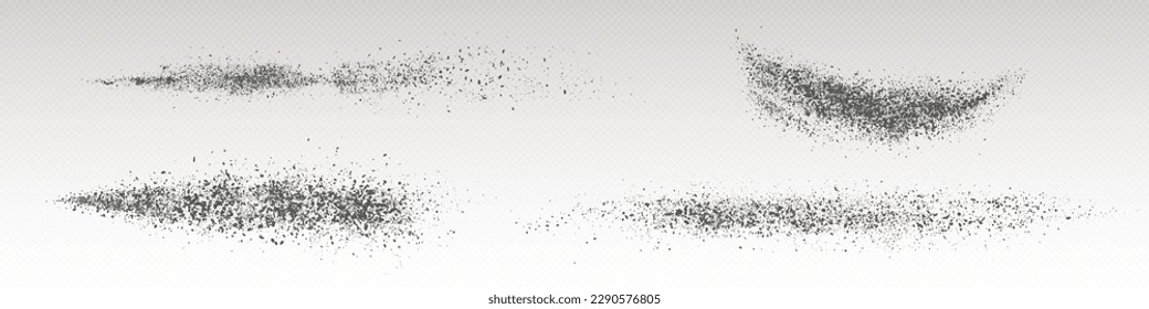Realistic set of black powder splashes isolated on transparent background. Vector illustration of dust particles, ash, dirt scattered on surface top view. Abstract black paint stroke. Soil texture