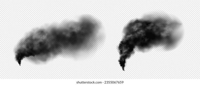Realistic set of black smoke isolated on transparent background. Vector illustration of dark clouds of smog rising in air from chimney, wildfire, after explosion and fire, co2 emission, design element