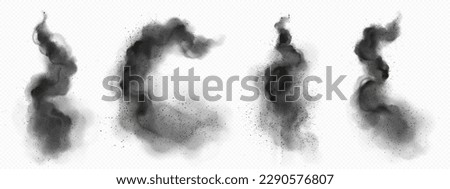 Realistic set of black smoke trails isolated on transparent background. Vector illustration of abstract ash clouds with particles flying in air. Plane, rocket, missile launch effect. Explosion smog