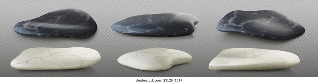 Realistic set of black and white marble stone platforms on transparent background. Vector illustration of natural rocks for luxury beauty product presentation, interior design accessory, spa massage