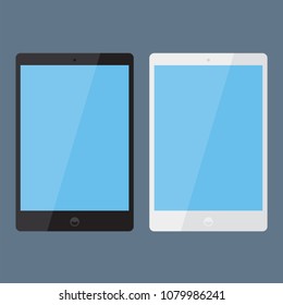 Realistic set of black & white smart digital tablets with blue screen icon in flat style design, isolated on blue background,vector eps10