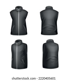 Conjunto realista de burla de la chaqueta negra sin mangas de invierno aislada en ilustración vectorial de fondo blanco