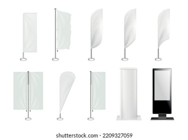 Realistic set of blank advertising stands and flags of different shapes isolated vector illustration