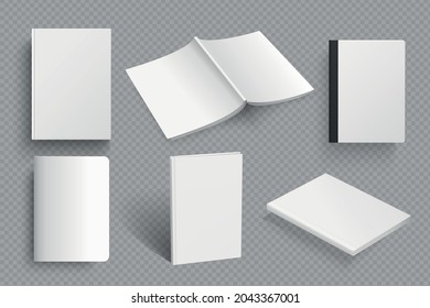Realistic set of  blank book mockup. Set of book template in different types isolated on transparent background. Realistic blank booklet cover. 
