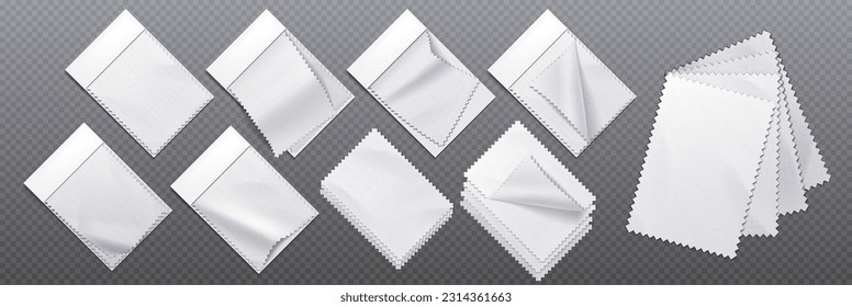 Realistic set of blank fabric swatches isolated on transparent background. Vector illustration of cloth samples for fashion collection, interior, furniture, wallpaper design ideas. Atelier equipment