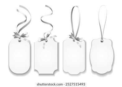 Realistic set of blank paper name tags or coupons with silver ribbons isolated on white background