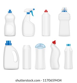 Realistic set of blank plastic detergent bottles with various lids isolated on white background vector illustration 