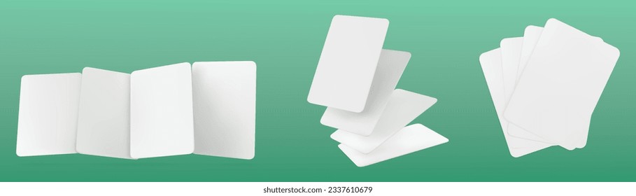 Realistic set of blank playing cards with white surface isolated in green background. Vector illustration of poker hand mockups, successful game, loss in casino, chance to win, gambling business