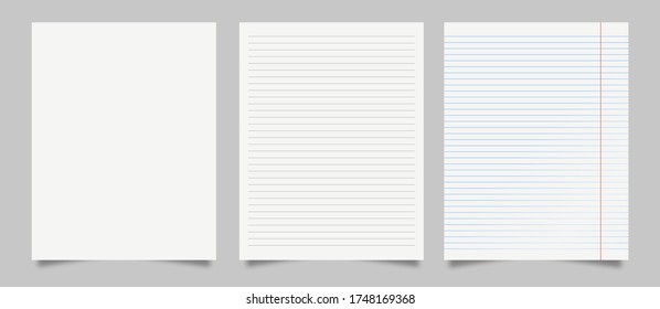 Realistic set of blank sheets and lined paper from a block isolated on gray background. Vector illustration. EPS 10