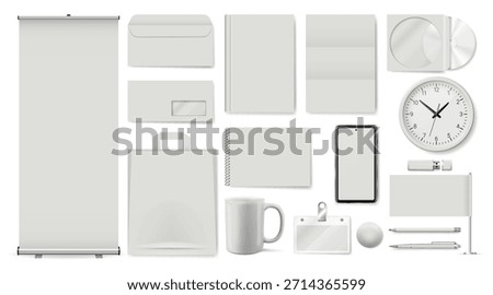 Realistic set of blank white corporate stationery and promotional items. Isolated vector mockup for branding identity design