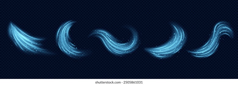 Realistic set of blue cold air waves effect. Fresh breeze or wind on dark transparent background. 