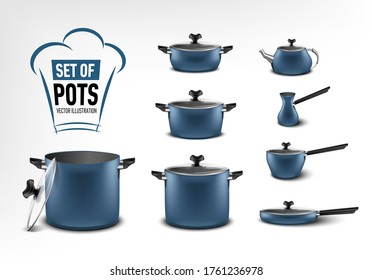 realistic set of blue kitchen appliances, pots of different sizes, coffee maker, turk, stewpan, frying pan, kettle