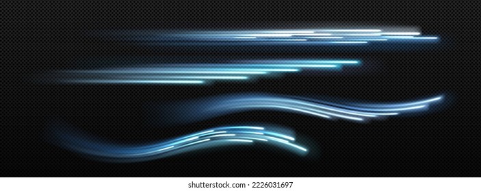 Realistic set of blue neon waves isolated on transparent background. Abstract straight and curvy lines rushing forward. High speed, instant internet connection, fast motion effect. Vector illustration