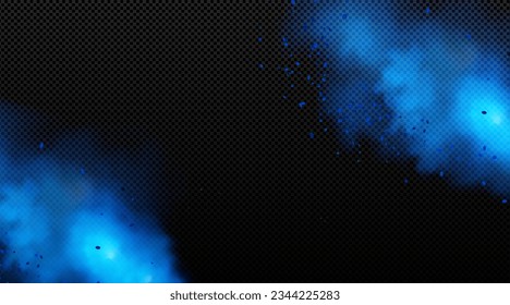 Realistic set of blue powder clouds on transparent background. Vector illustration of color paint splash with particles in air, holi fest colorful dust splatters, spray texture, carnival celebration