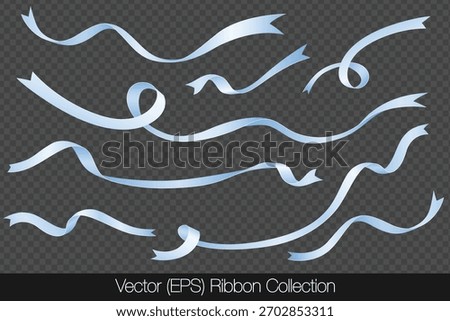 Realistic set of blue ribbons isolated on a transparent background, featuring curved ribbons in different lengths, twists, and shapes. Vector illustration for holiday decorations and graphic projects