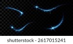 Realistic set of blue vector illustrations of comet magic light tail with glitter and overlay effect. Meteor shimmering with shining ray of glitter.