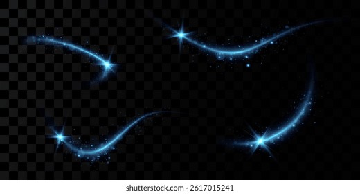 Realistic set of blue vector illustrations of comet magic light tail with glitter and overlay effect. Meteor shimmering with shining ray of glitter.