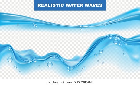 Conjunto realista de olas de agua azul con burbujas aisladas en ilustración vectorial de fondo transparente