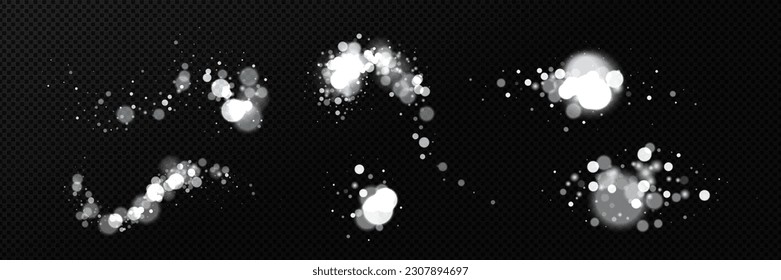 Realistic set blurred silver white lights sparkling on black background. Vector illustration of abstract festive garland, magic shimmering dust, fantasy fireflies at night. Banner design elements